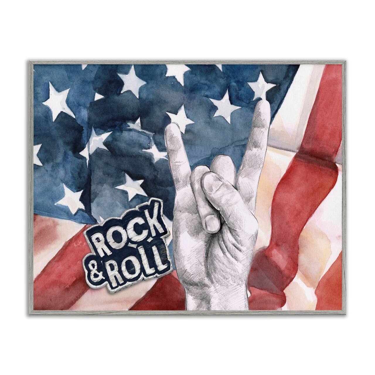 Stupell Industries Rock And Roll Hand And American Flag Design Framed Giclee Art